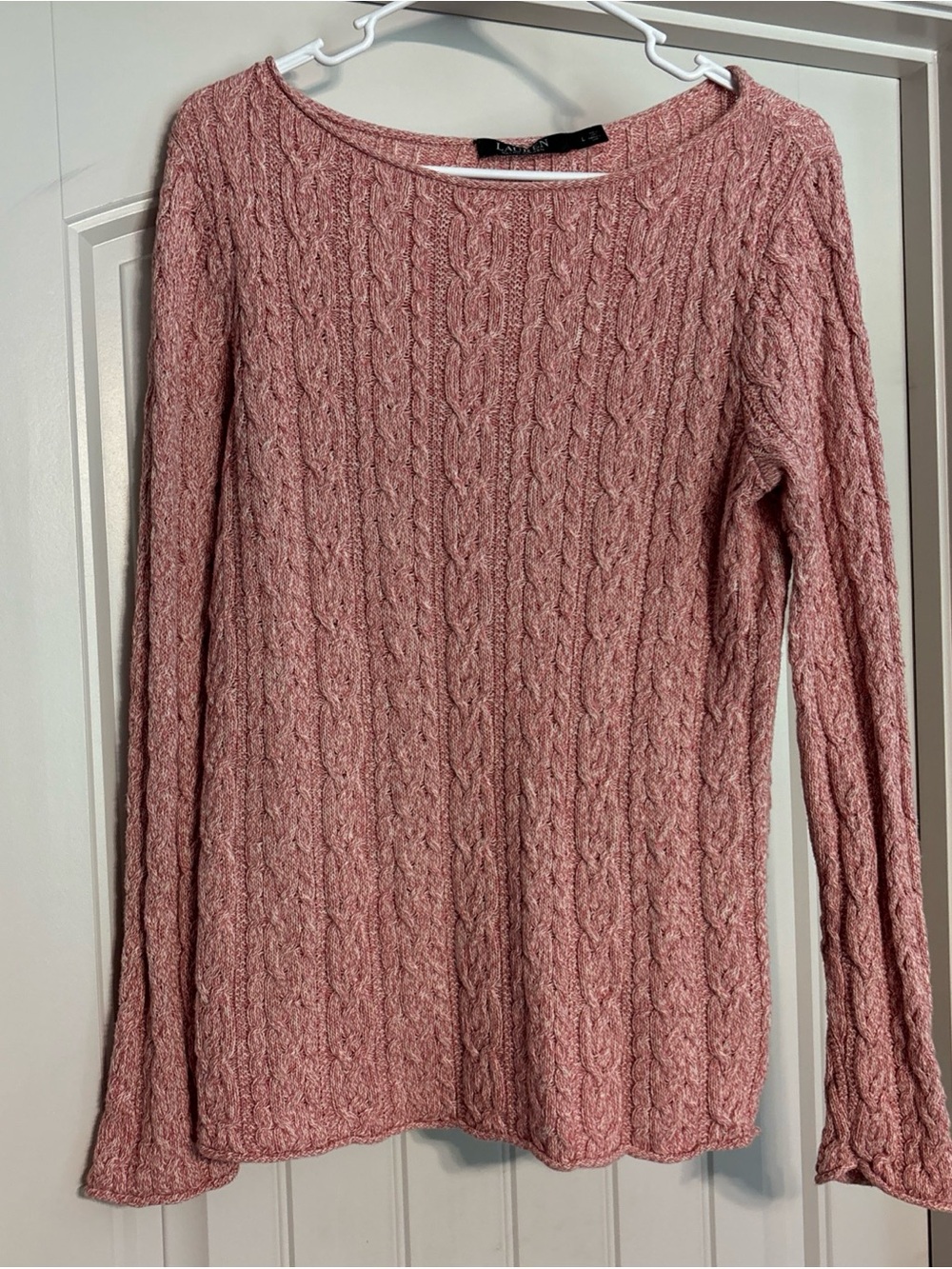 LAUREN Women PINK Marble Cable Knit COTTON Pullover SWEATER Preppy Large